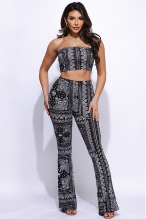 FN5291<br/>PRINTED TUBE TOP AND FLARED PANT SET